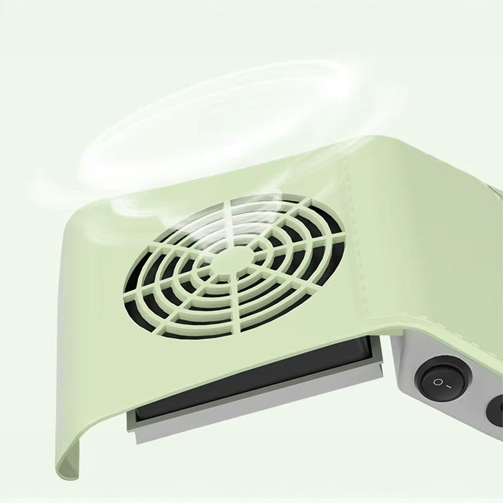 Aspirateur de manucure 80W compact en fonctionnement avec flux d'air illustré, efficace pour l’aspiration des poussières.