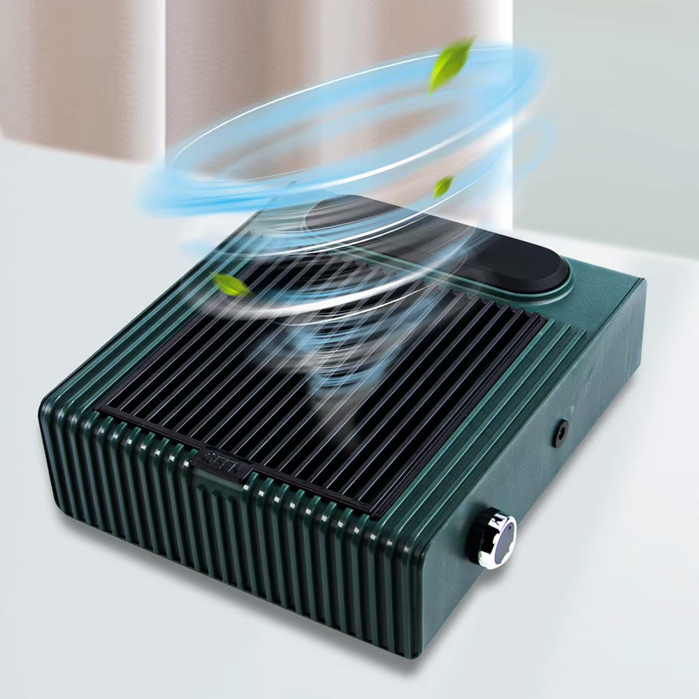Effet visuel illustrant la puissance d’aspiration de l’aspirateur à ongles vert foncé, absorbant les particules de poussière.