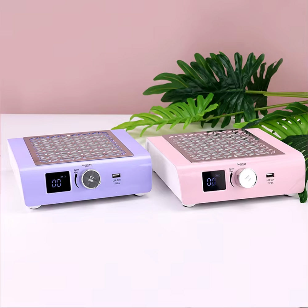Présentation côte à côte des deux coloris de l’aspirateur 85W sans balais : rose poudré et violet pastel, avec fond végétal décoratif.