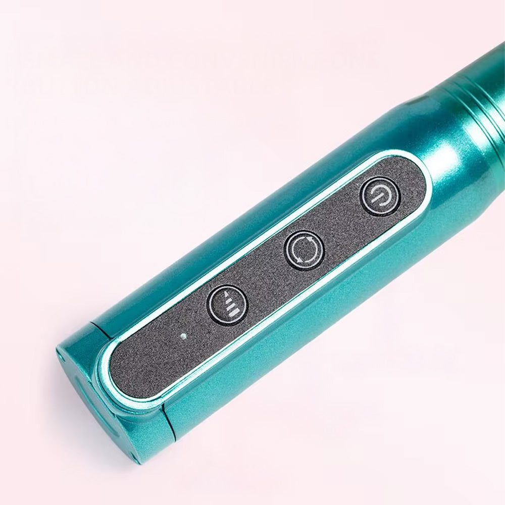Zoom sur les boutons de commande de la ponceuse à ongles sans fil 35000 RPM, avec indicateur de batterie et contrôle de vitesse, soulignant son interface utilisateur simple et efficace.