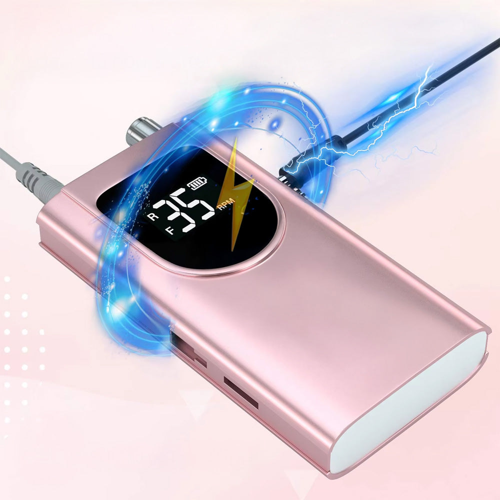 Illustration stylisée de la charge rapide et puissante de la ponceuse à ongles, avec effets d’éclairs et icône de batterie.