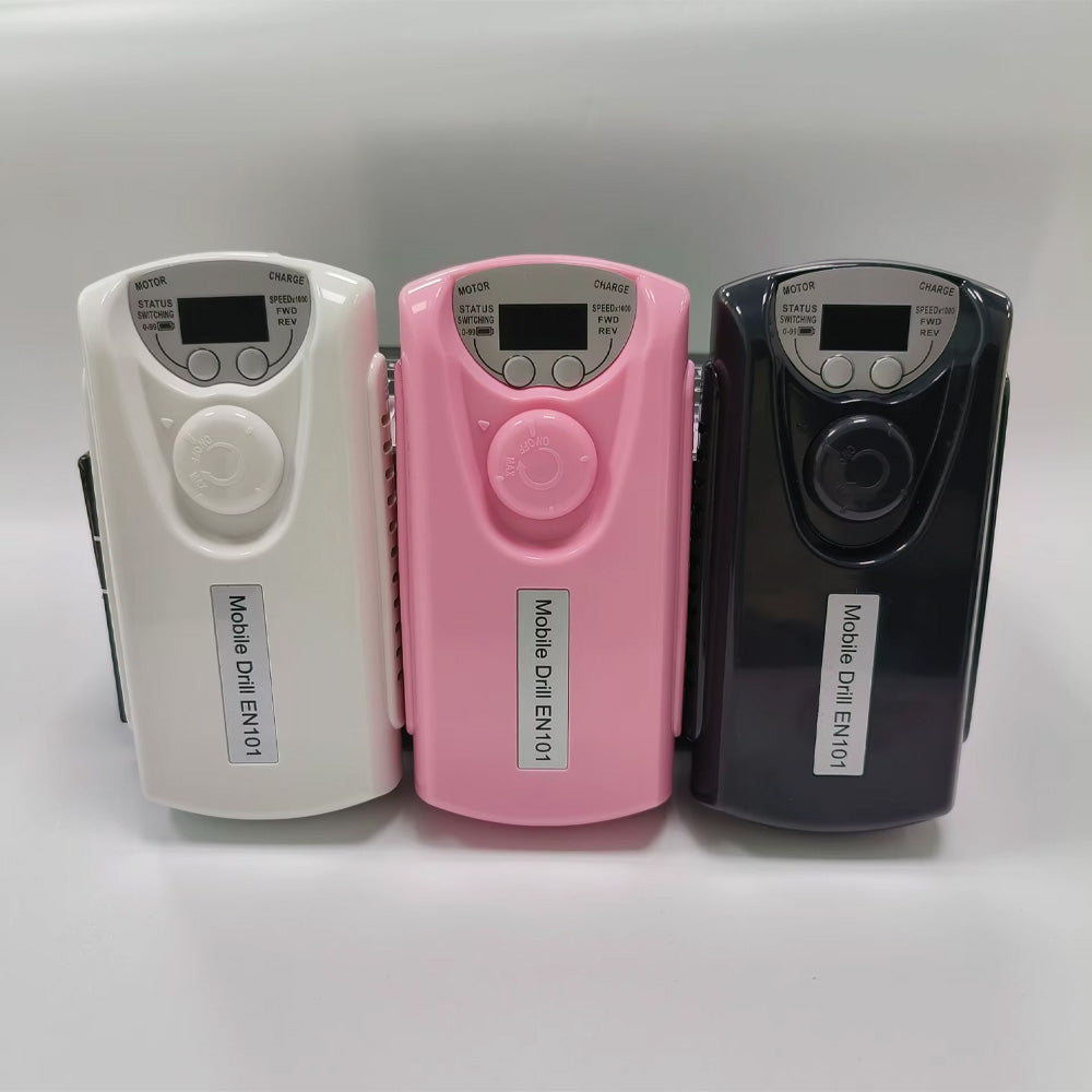 Trois coloris disponibles pour la ponceuse à ongles sans fil 35000 RPM : blanc, rose et noir, avec affichage numérique et design compact.