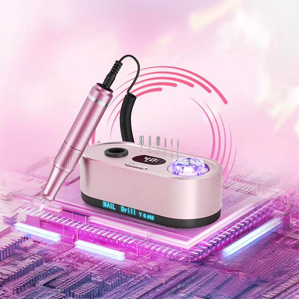 Mise en scène futuriste de la ponceuse à ongles professionnelle 40 000 RPM, avec un effet technologique lumineux représentant sa puissance et sa précision.