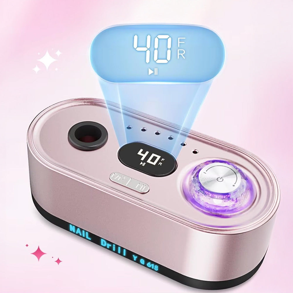 Gros plan sur l’écran LCD de la ponceuse à ongles, affichant une vitesse de 40 000 tours/min. Un bouton de réglage lumineux violet est visible sur le côté de l’appareil.