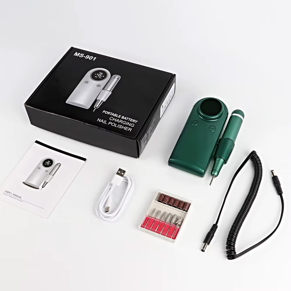 Kit complet ponceuse ongle 45000 RPM avec embouts, chargeur et manuel d'utilisation.
