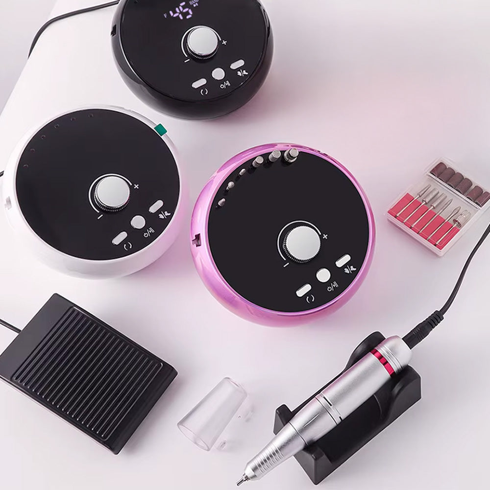 Collection de Ponceuses ongle professionnelles 45000 RPM précises et efficaces en trois coloris : blanc, noir et rose.
