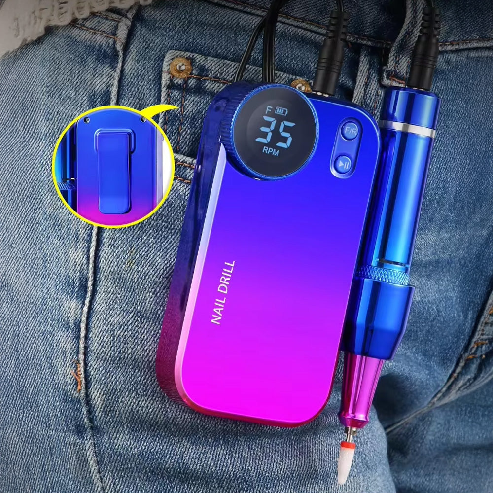 Ponceuse ongle sans fil 35000 RPM attachée à une ceinture – Design portable avec clip ceinture, permettant une utilisation mobile et pratique pour les stylistes ongulaires et les professionnels de la beauté.