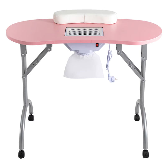 Table manucure pliante rose avec roulettes et aspiration