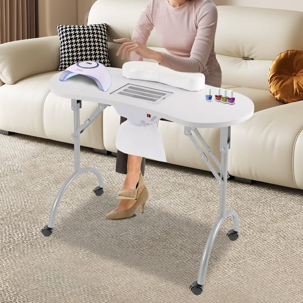 Table manucure blanche pliable avec roulettes et aspirateur