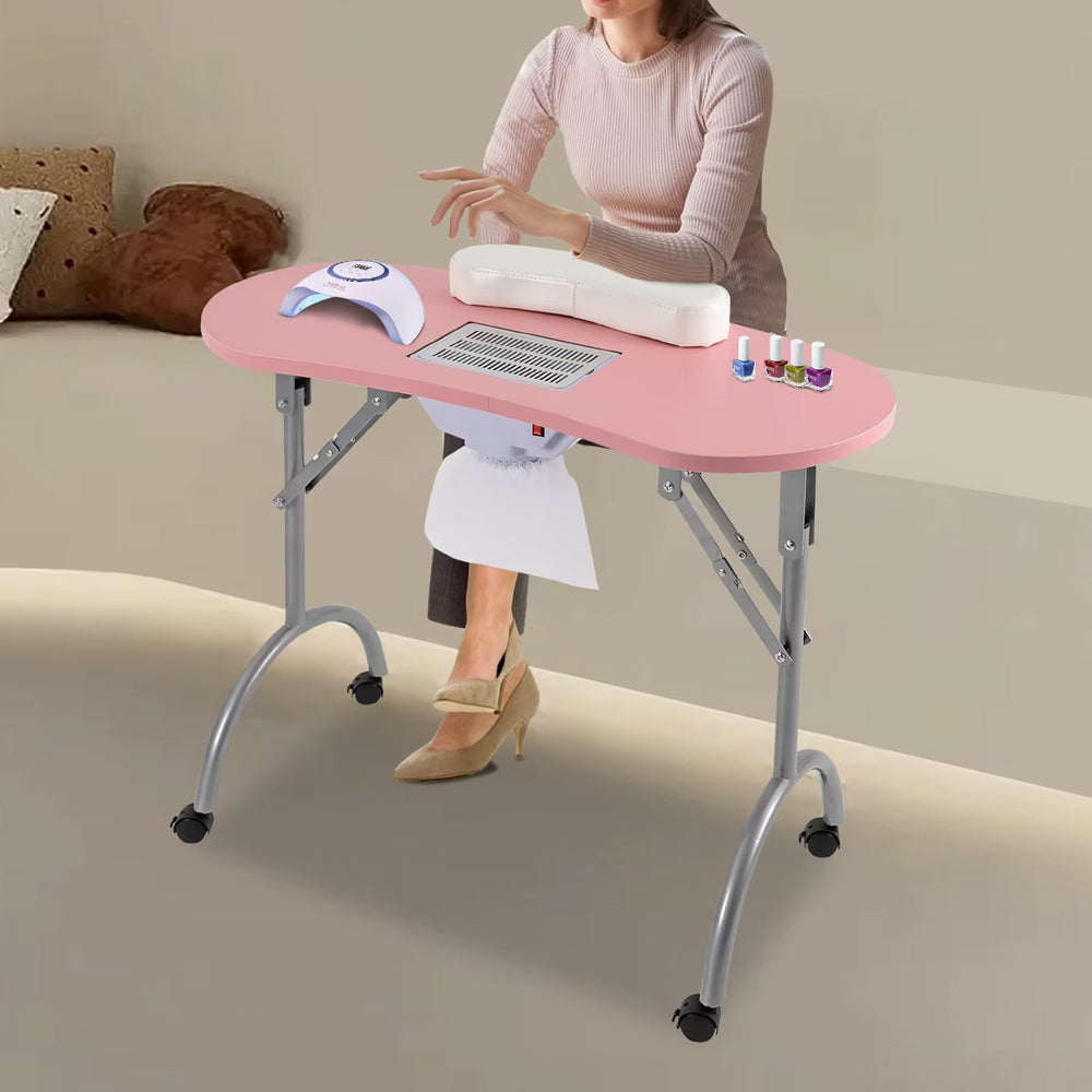 Table manucure pliante rose avec roulettes et aspiration