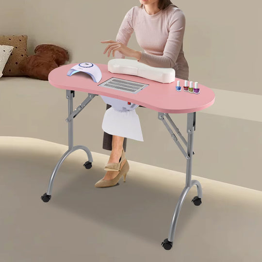 Table manucure pliante rose avec roulettes et aspiration