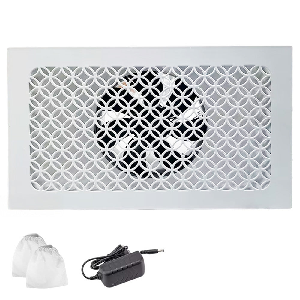 Aspirateur ongle encastrable 60W avec grille design et accessoires fournis, incluant sacs de récupération et adaptateur secteur.