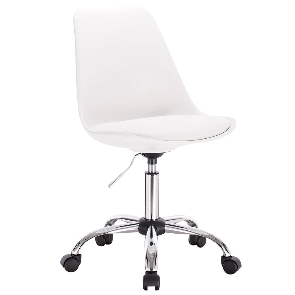 Chaise prothésiste ongulaire blanche avec dossier haut, assise rembourrée et base pivotante en métal chromé.