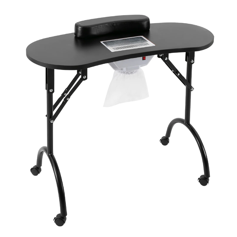 Table manucure noir pliante avec aspirateur, fond blanc