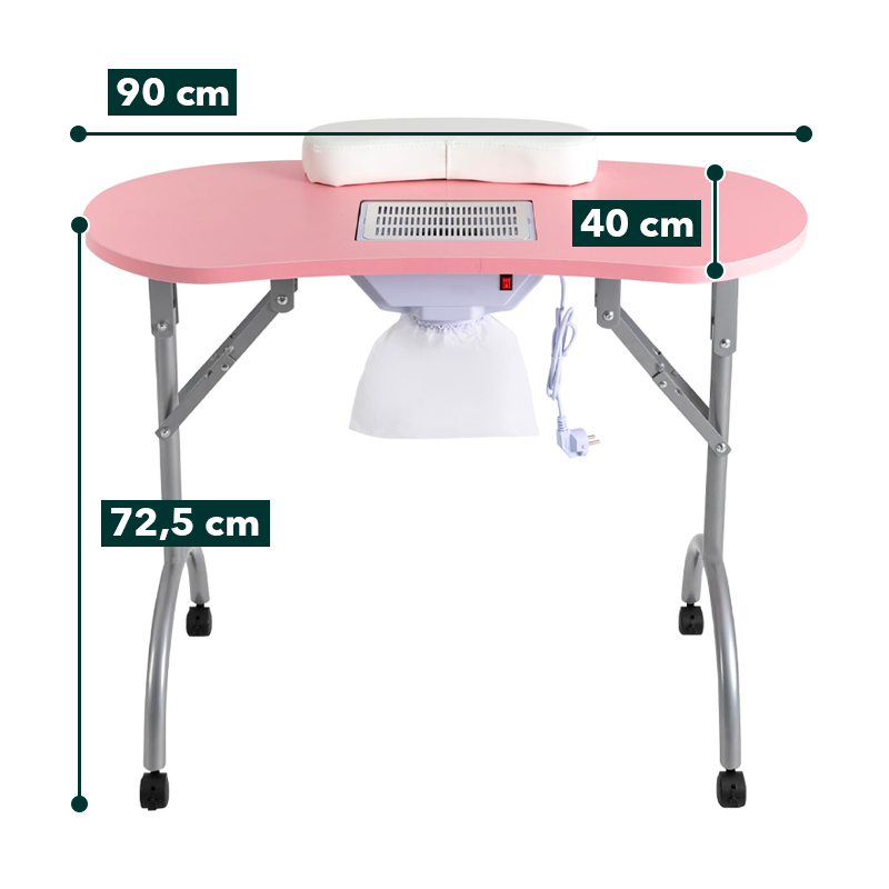 Tailles et dimensions de la table manucure pliante rose avec aspirateur